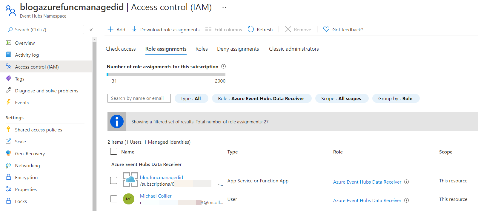 Azure Portal- setting RBAC assignment for Event Hub namespace